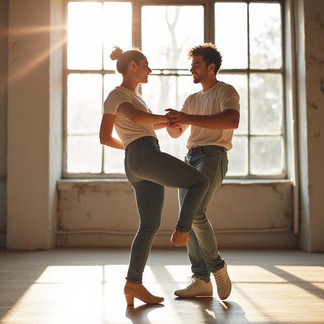 A couple practicing their wedding choreography in a sunlit studio