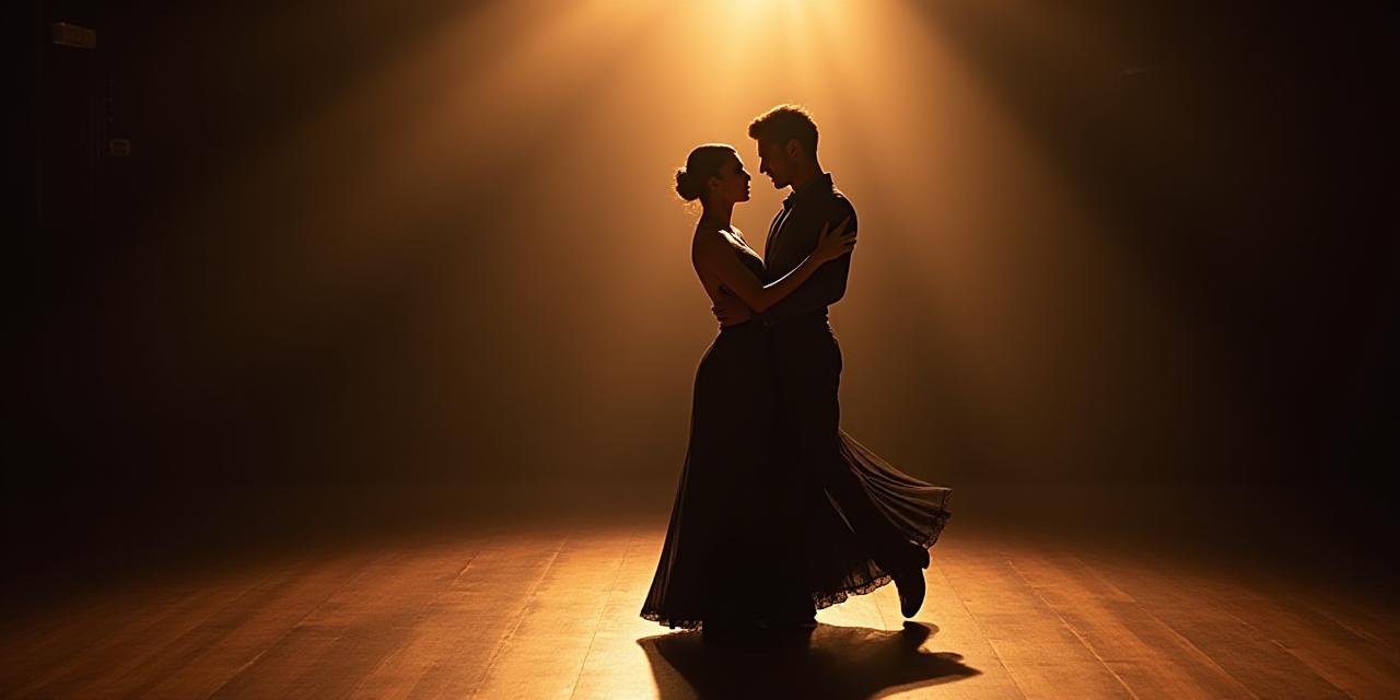 A professional ballroom couple performing a graceful waltz